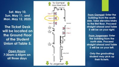 Sat. May 10, Sun. May 11, and Mon. May 12 - Location of Ticket Desk will be at Student Union Table 5. Open hours are 7:30am-6:45pm.